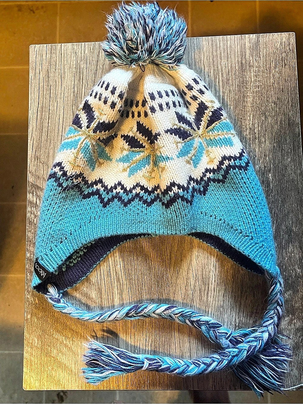 Adora Earflap Pom Hat in Navy blue and light bl